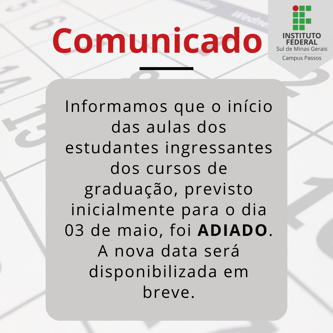 As aulas do ano letivo de 2021 estão previstas para iniciar no dia 05 de abril no formato remoto exceto para os alunos ingressantes dos cursos de graduação que iniciarão em 05 de maio. O Calendário Acadêmico 2021 e